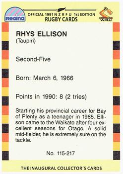 1991 Regina NZRFU 1st Edition #115 Rhys Ellison Back